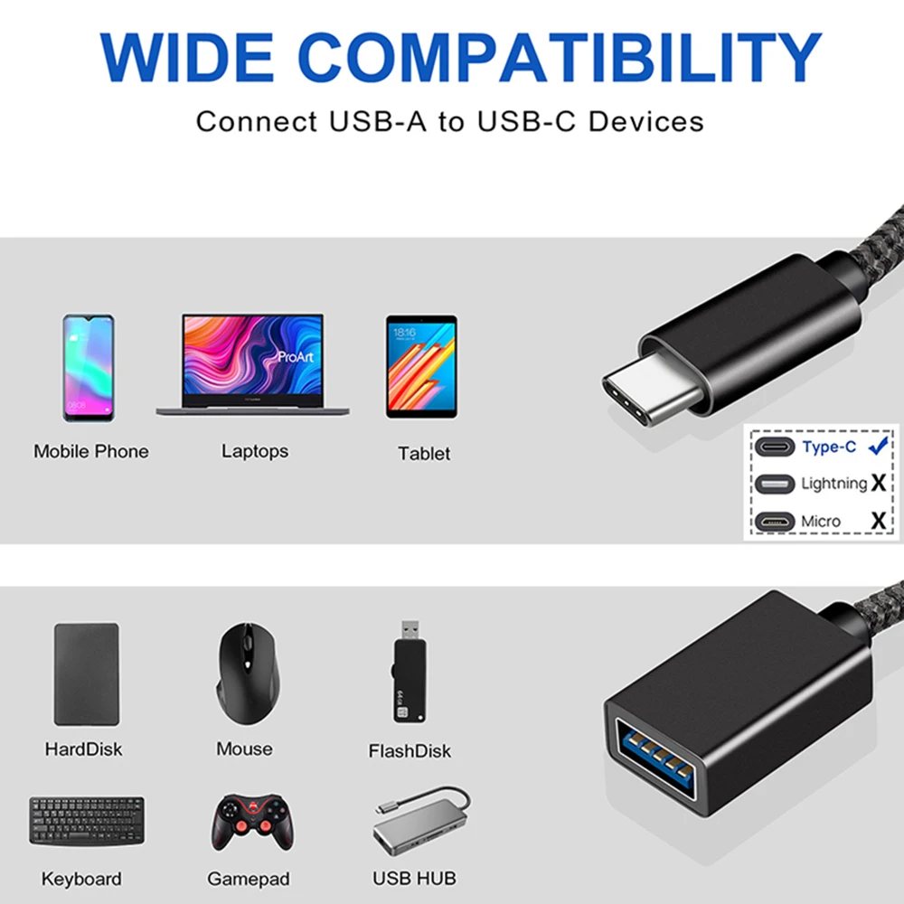 OTG Cable Type C 10Gbps USB to Type C Adapter Connector for Laptop Phone Female USB to Male USB C Data Cable for Mouse Keyboard