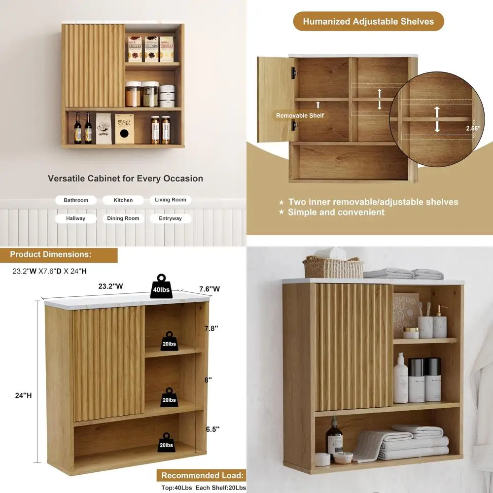 

Modern Fluted Wall-Mounted Medicine Cabinet with Faux Marble Top and Adjustable Shelf, Natural Oak Finish