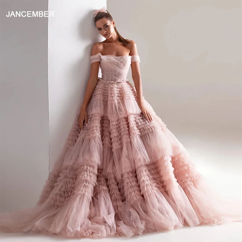 

Scz083 Jancember Blush Pink Off Shoulder Ruffles Evening Dress For Women Wedding Elegant Tiered Ball Gown Prom Party Desses