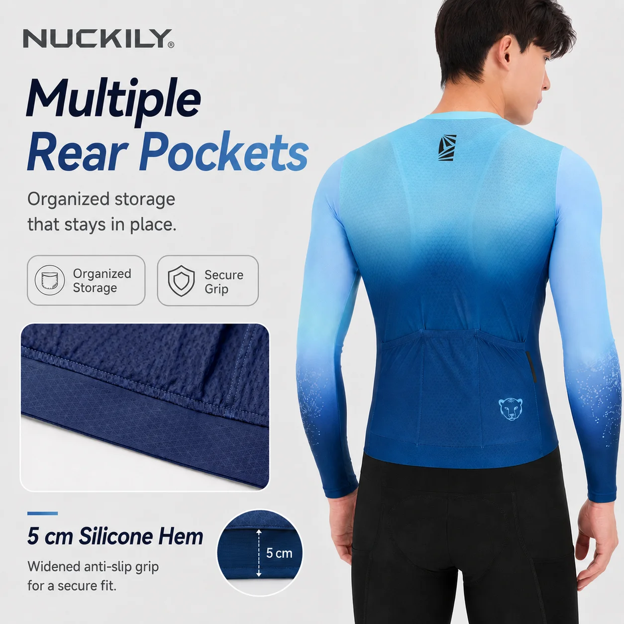 NUCKILY Men Long Sleeve Cycling Jersey Cooling Quick Dry Breathable Road MTB Bike Shirt YKK Zip Rear Pockets Anti Slip Hem