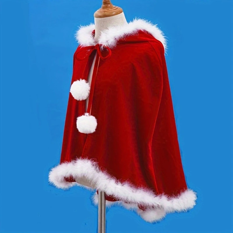 Q39C Holiday Costume Cloak Christmas Hooded Short Wrap in Red for Party Styling Photo Booth Use and School Programs