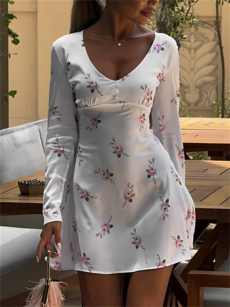 Tossy branco impresso com decote em v mini vestido feminino manga longa elegante contraste fino cetim commute vestido fino feminino vestido de festa 2025