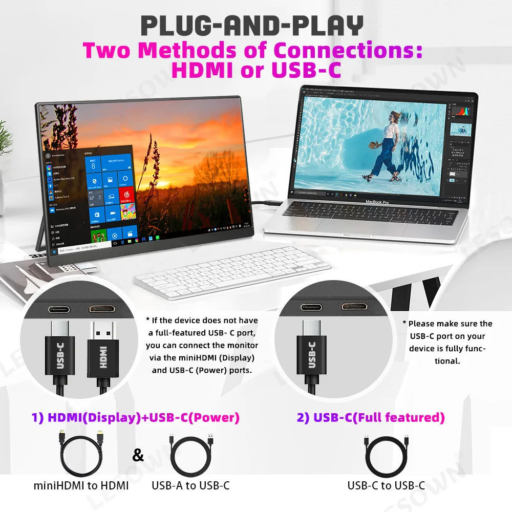 LESOWN 120Hz Portable 16 inch 2.5K 2560x1600 16:10 Travel Monitor HDMI USB-C Ultra-Thin Wide IPS Display with Holder Bracket