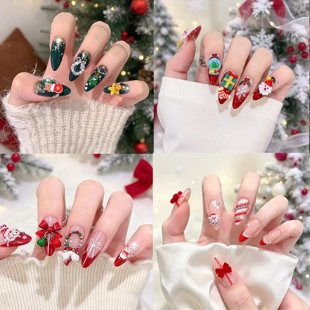24Pcs Red Green Christmas False Nail with 3D Cute Santa Xmas Tree Bell Bow Press On Nails Medium Almond French Fake Fingertips T