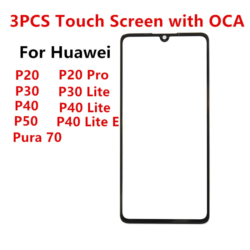 3PCS Front Screen For Huawei Pura 70 P20 Pro P30 P40 Lite E 5G P50 Touch Panel LCD Display Out Glass Replace Repair Parts + OCA