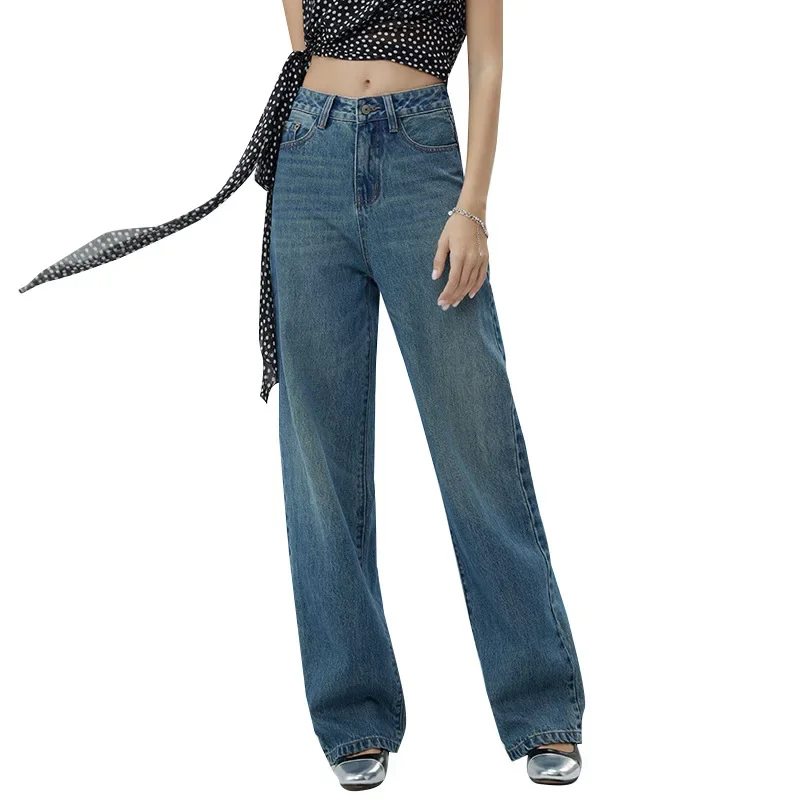 

Женские джинсовые широкие брюки, джинсы с высокой талией, потертые винтажные брюки длиной до пола с карманами, уличная одежда, прямые брюки