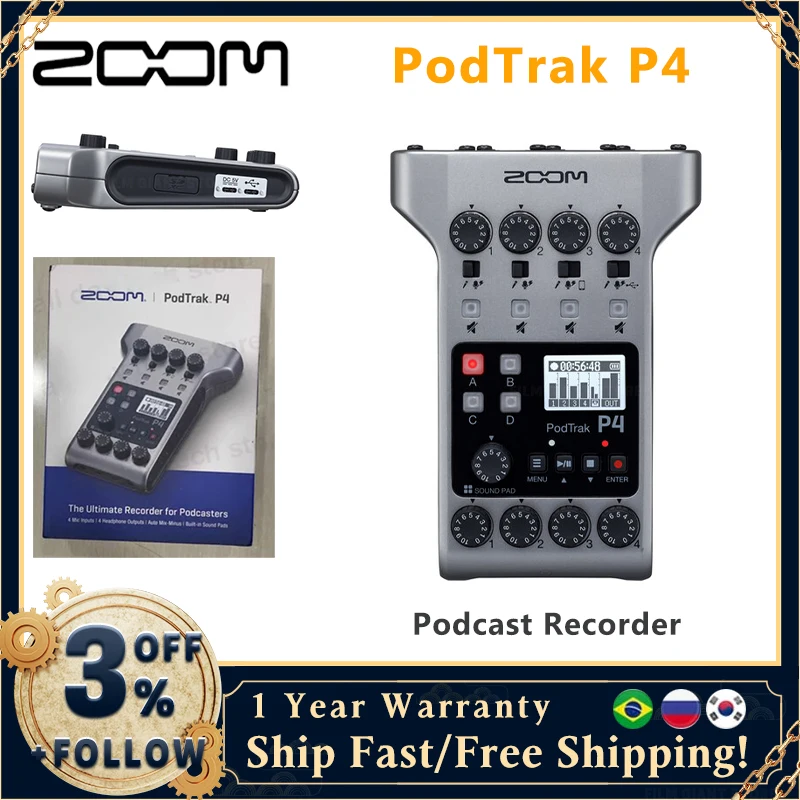 ZOOM Podtrak P4 Portable 2-input 2-output Interview Audio podcast recorder with 4 Mic-Input and USB audio interface