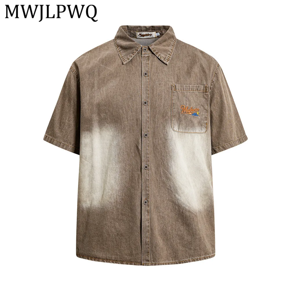 

MWJLPWQ Contrast Color Distressed Washed Denim Shirt Summer Men's Vintage Punk Street Style Loose Casual Short-Sleeve Tops 16566