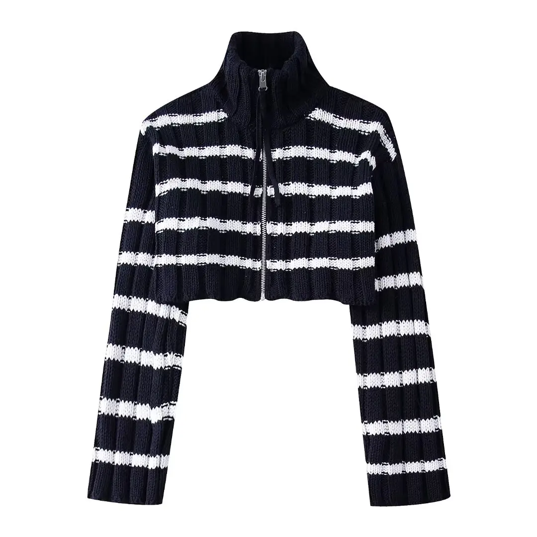 

TRAFZA Women Summer Fashion Knitting Cardigan New Black Striped Casual Zipper Tops Female Popular Elegant Sweater Mujer TRAF