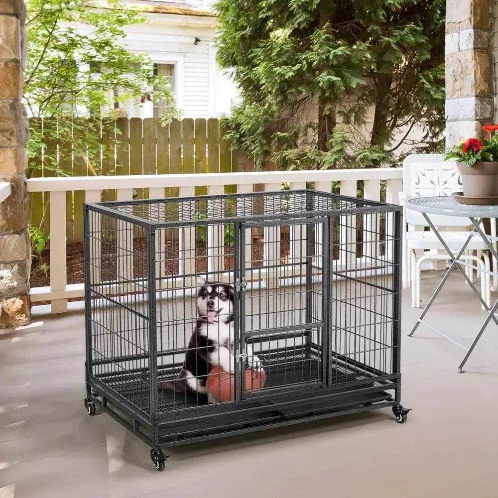 Stackable 43 Heavy-Duty Metal Dog Crate, 2-Tier with Open Top, Lockable Wheels, Removable Tray for Large Indoor Dogs