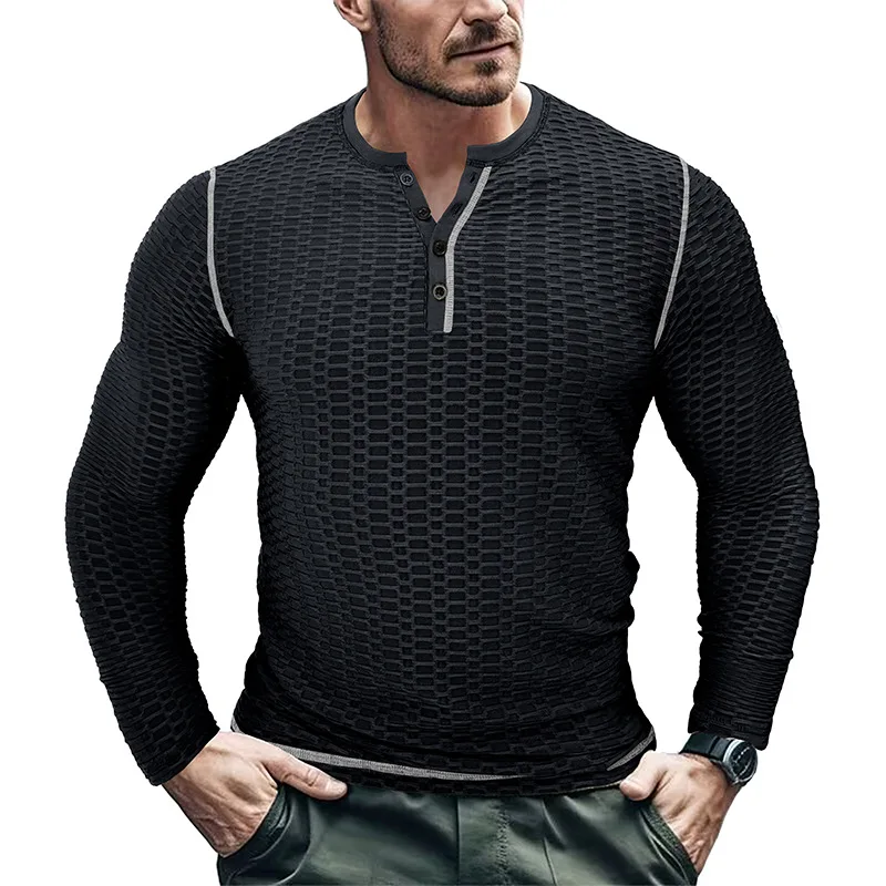 

Sports, Fitness, Slim Fit, Breathable Men's Long Sleeved T-shirt, European and American Men's Fitness, Henry Shirt Top