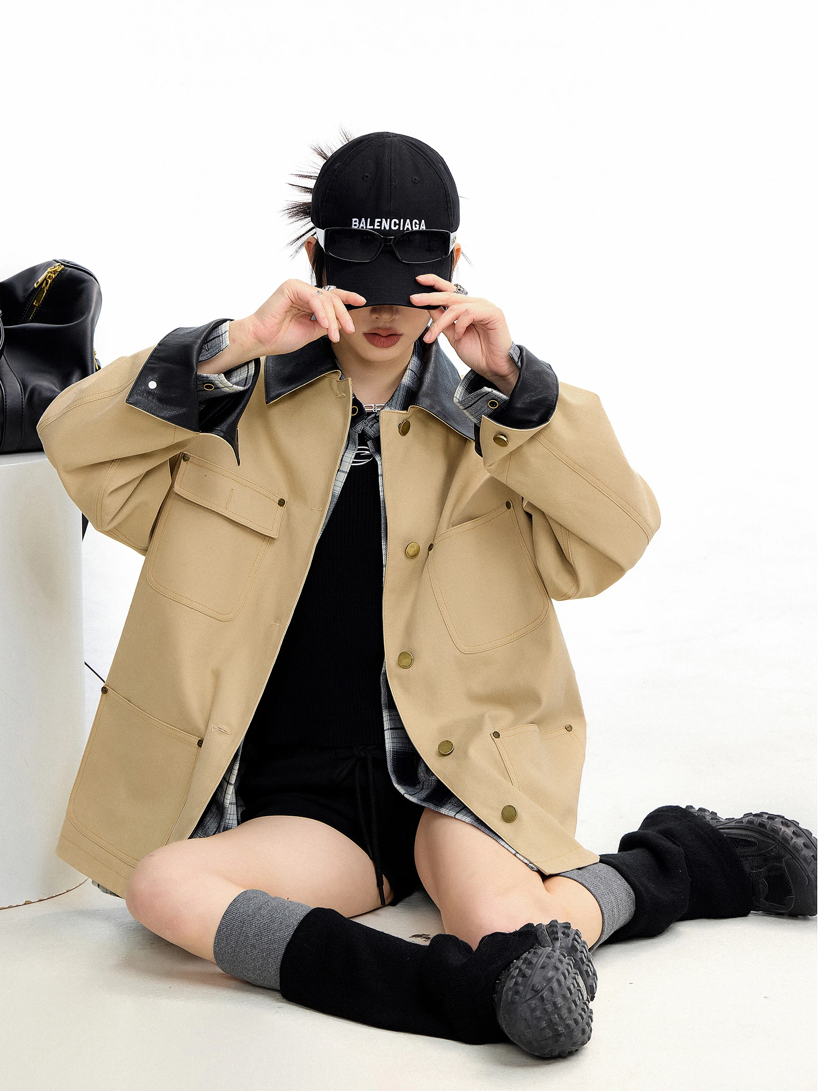 

Ichmode American Barn Sle ort Coat Jaet Women's Spring Turn-down Collar Color Blo Workwear Silhouette Top