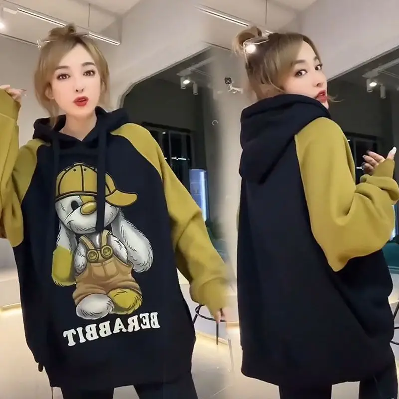 Saving Hall Big Size Women Net Red Cartoon Rabbit Print Color Splicing Long Sleeve Plus Velvet Hoodie Female Tide Modern Stylish