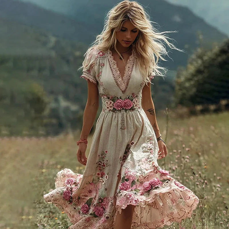 Kreative Totem Print V-ausschnitt Kurzarm Midi Kleid Polyester Stoff 3D Effekt Street Style frauen Sommer Neue Mode Kleid