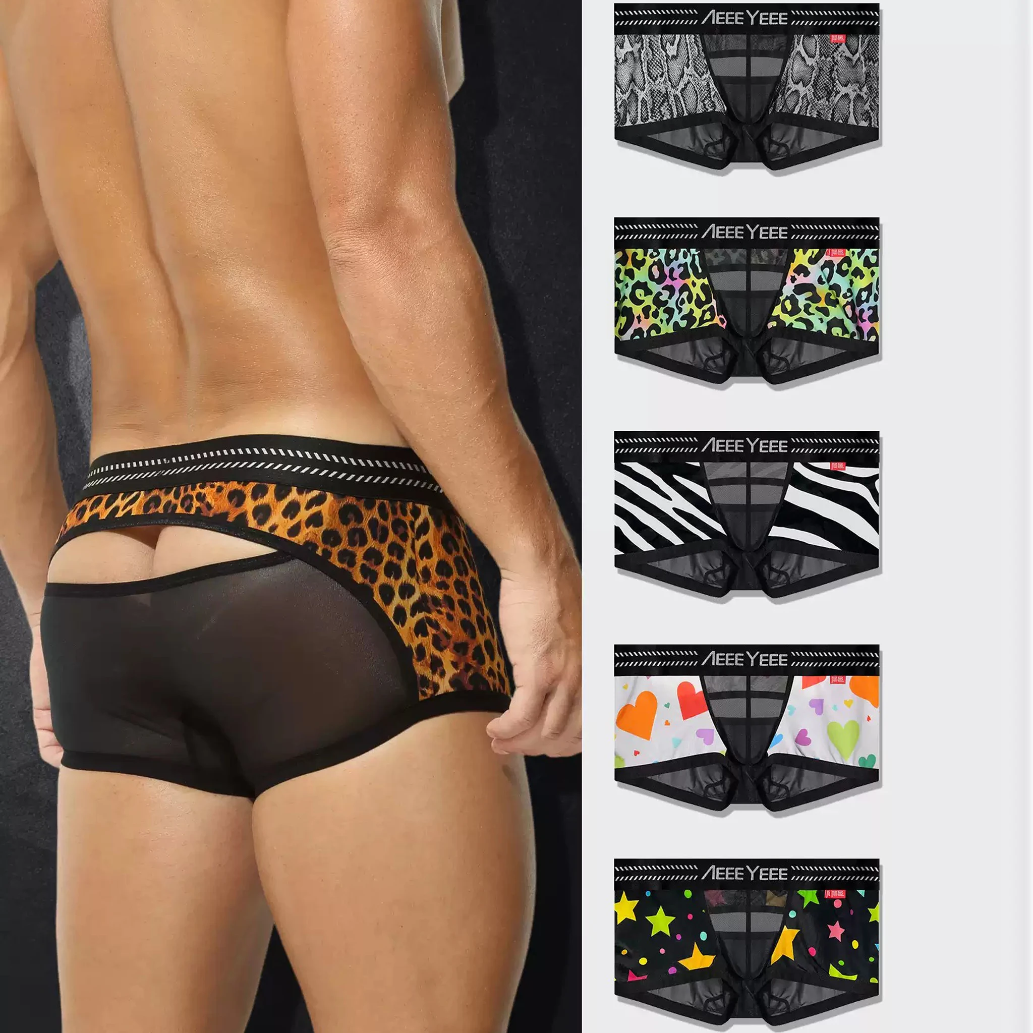 Sexy Men Ice Silk Boxer Shorts Transparent Print Hollow Out Breathable Elastic Quick Dry Underwear Male Briefs Summer Underpants