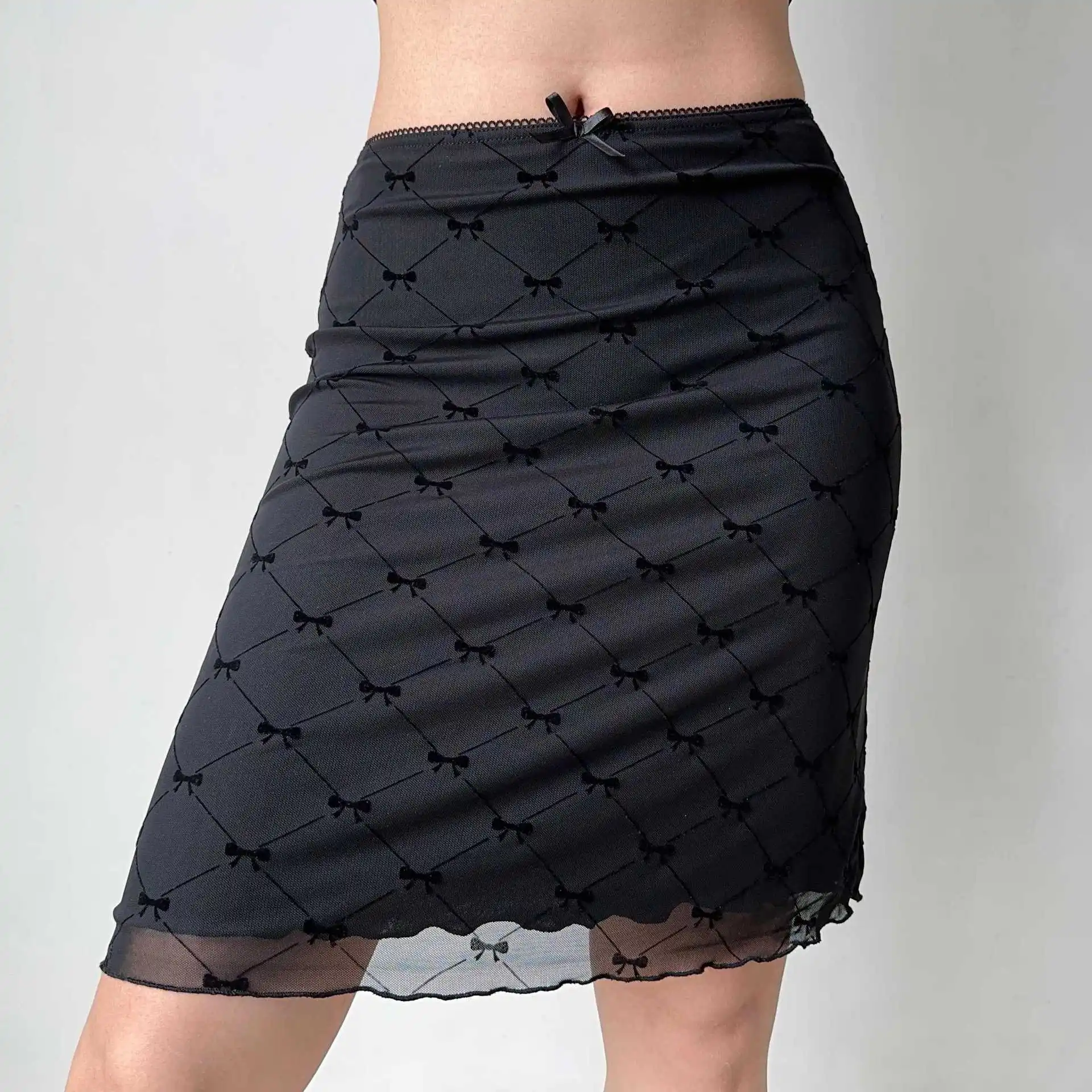 Lace Plaid Short Skirt Summer Versatile Slimming European American Bow A Line Slim Fit Waist Bag Buttocks Mesh