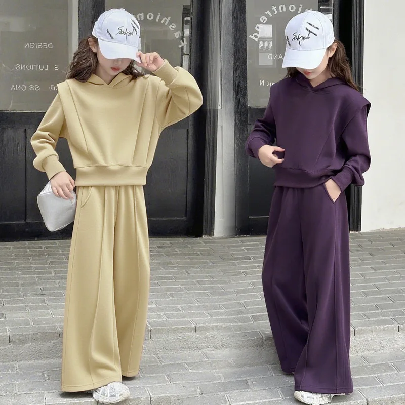 2026 New autumn teenager girls Suit Clothes Long Sleeve Top + wide leg Pants tracksuit 4 5 8 10 11 12 14 Years Child set