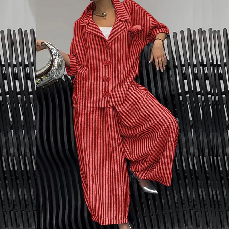 Casual High Street Straight Outfits Autumn Striped Printed Loose Women's Suit Office Lapel Button Shirt and Long Pants 2pc Set