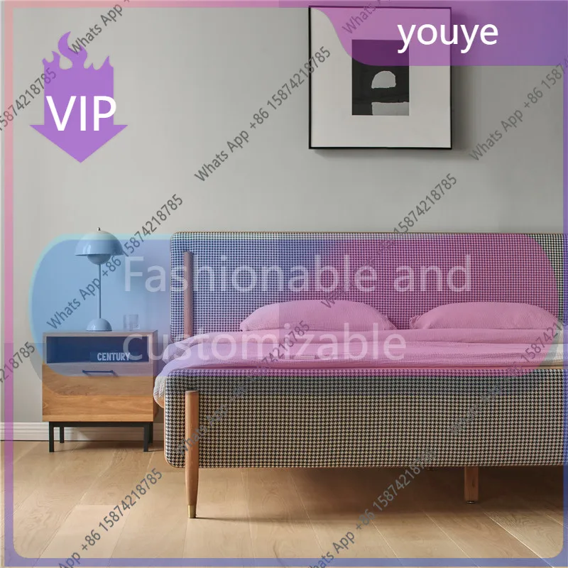 n-J Nordic Solid Wood Bed Simple Modern Light Luxury Master Bedroom Double Bed 1.8 Meters Single 1.5 Meters Children's Bed Minim