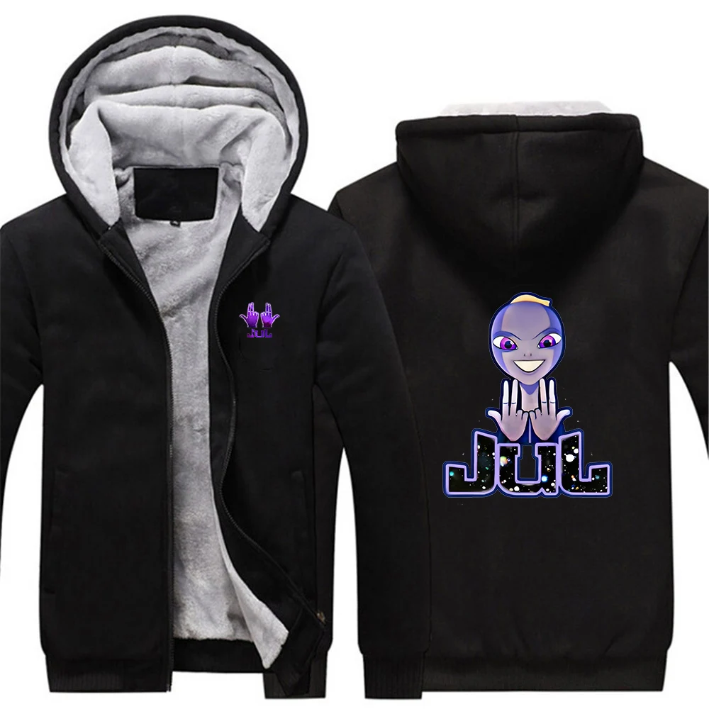 Rapper Jul Graphic Print 2025 New Autumn And Winter Men's Thicken Warm Hooded Windproof Zipper Jackets Casual Coats