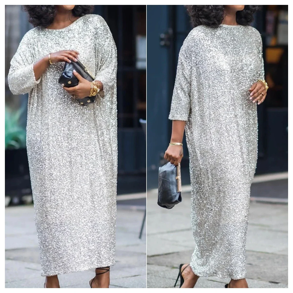 

Women O-neck Three Quarter Sleeve Straight Loose Birthday Silver Maxi Dress 2024 Evening Sexy Party Dresses Vestidos