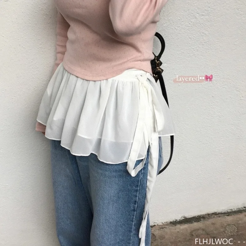 일본 스타일 짧은 나비 넥타이 베일 커튼 스커트 2025 여름 휴가 날짜 소녀 레이스 업 원피스 프릴 랩 미니 스커트