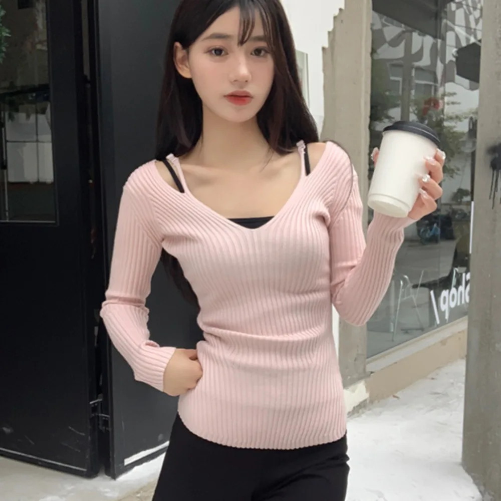 Women Pullovers Ins Knitted Straps Long Sleeve Fitting Korean Style Elegant Temperament Casual Tender Sweet Girls Breathable New