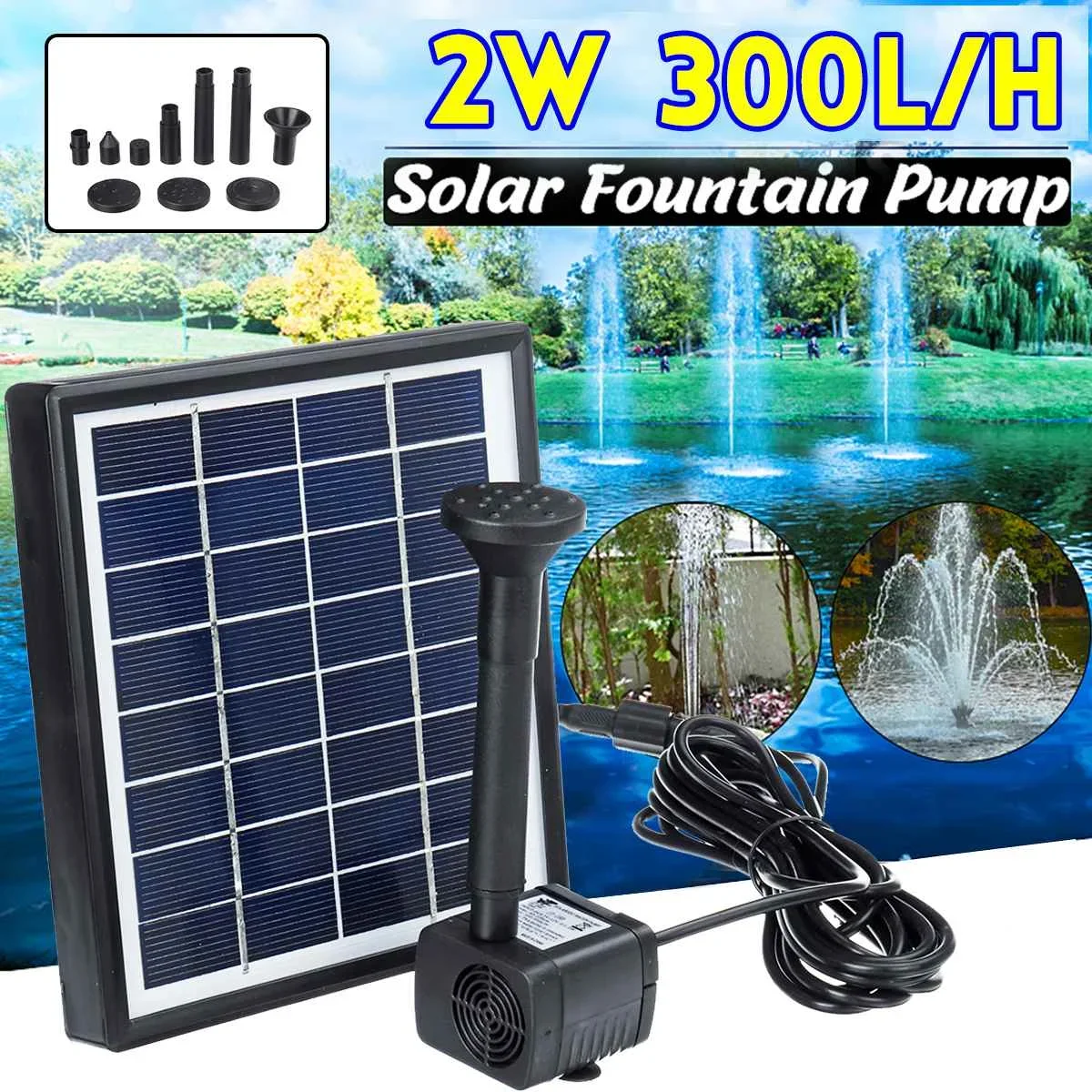 For Birdbath Pool Pond 2W 300L/H Mini Solar Power Panel Water Pump Home Garden Decoration Outdoor Landscape Floating Fountain
