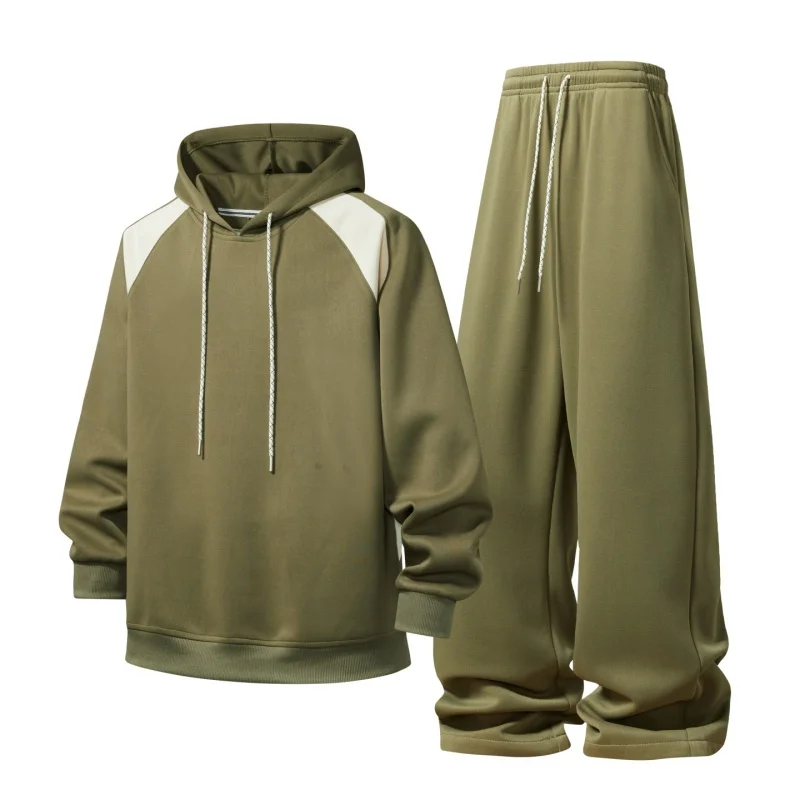 New Autumn And Winter Loose Sports Pants Suit For Men'S Versatile Casual Fashionable Spliced Hooded Hiking Suit Two-Piece Set