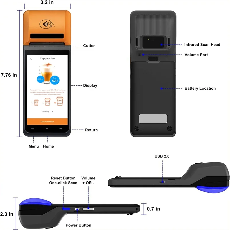 M MM5 "3GB + 16GB الكل في واحد مطعم فواتير المحمول أندرويد 12 يده Pos محطة شاشة تعمل باللمس آلة مع 58 مللي متر الحرارية Pri