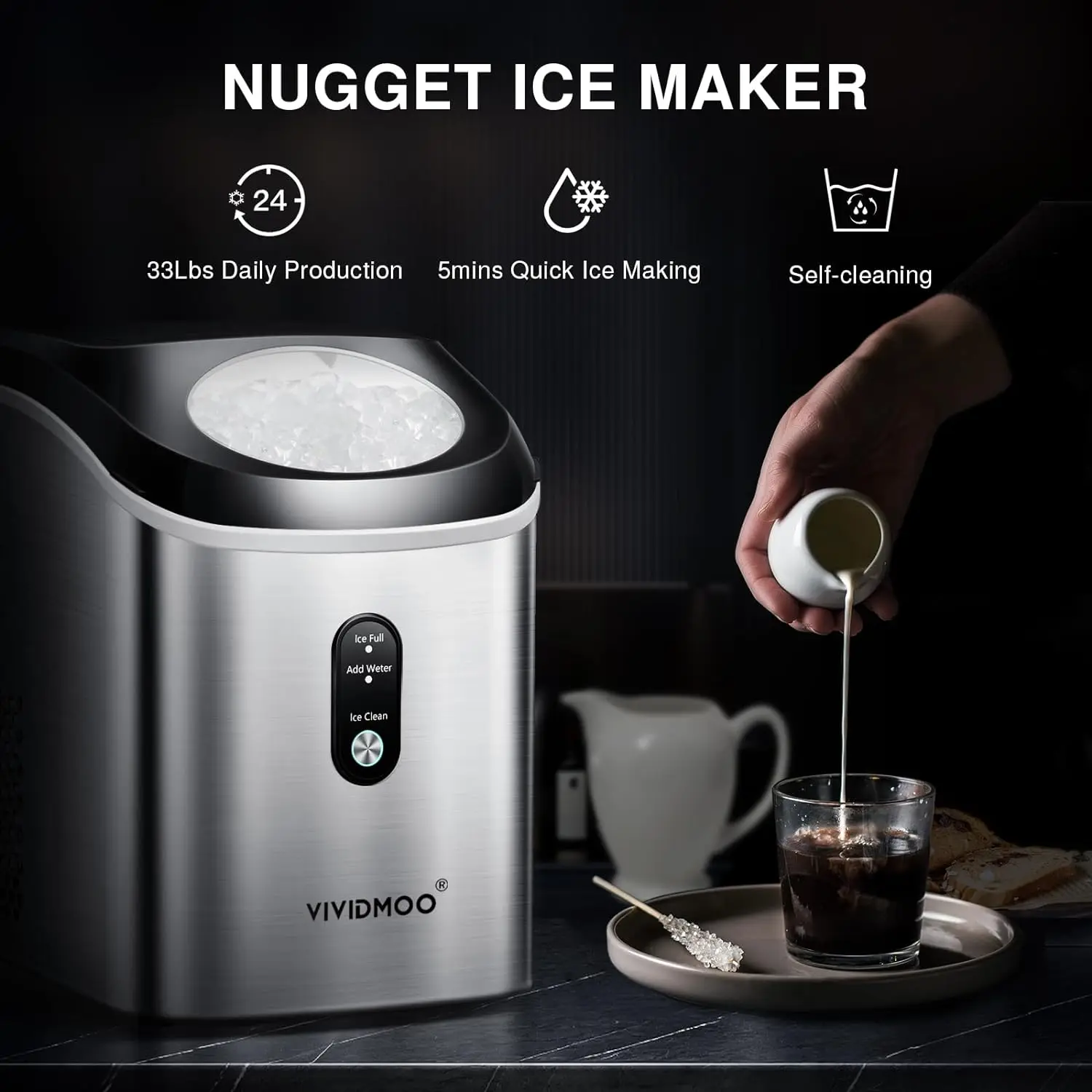 

Nugget Ice Makers Countertop, 33 Lbs/Day Sonic Ice Maker, Countertop Ice Maker