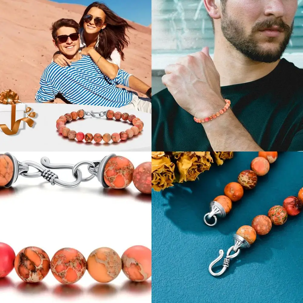 

Sterling Silver Beaded Bracelet for Men with 8mm Natural Stone Pattern and Secure S-Hook Clasp, Gift Box Included