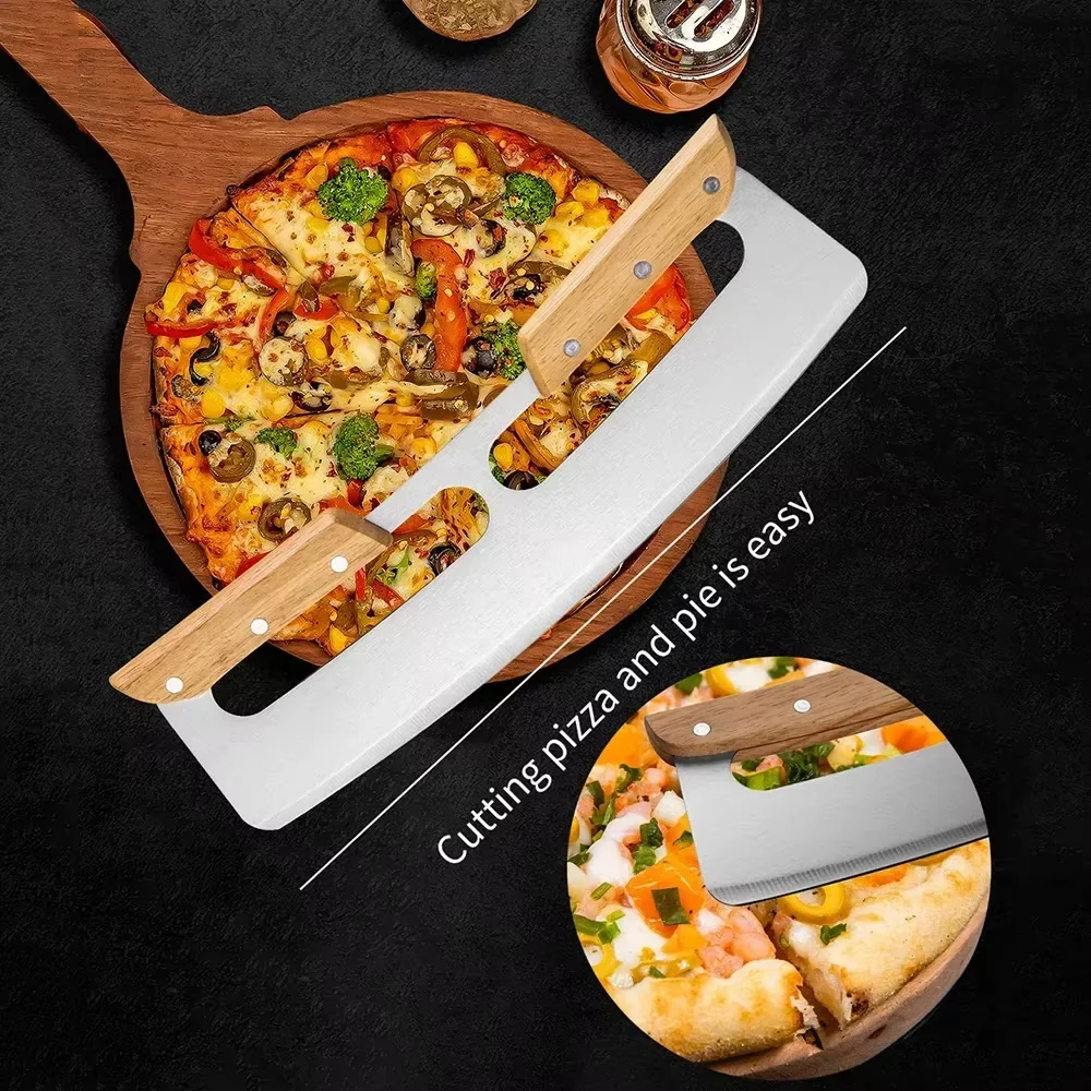 Holzgriff, 35,6 cm, großer Pizzaschneider, gebogene Klinge, Edelstahlschneider, halbrunder Rasierer, Backwerkzeug, Pizza, Pizzaschneider