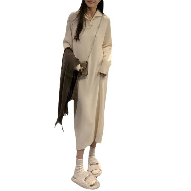 Nowa dzianinowa sukienka na jesień i zimę, luźna i swobodna, długi sweter zapewniający ciepło i wyszczuplanie, idealnie dopasowana do sukienki wewnętrznej.