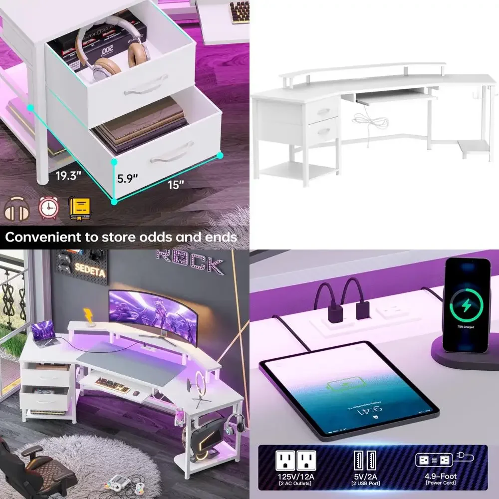 

«79-дюймовый игровой стол со светодиодной подсветкой, тканевыми ящиками и дизайном из углеродного волокна для хранения домашнего офиса».