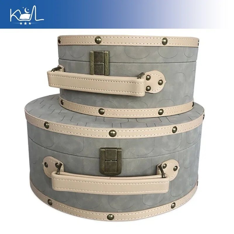 2Pcs Semicircular Leather Storage Box Vintage Rivet Handheld Suitcase Home Decor Ornament