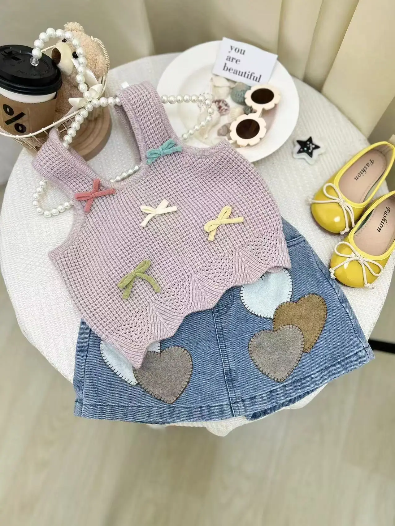 

Girls' Summer Set 2025 New Children's Korean Knitted Bow Vest+Elegant Love Cowboy Skirt Two Piece Set