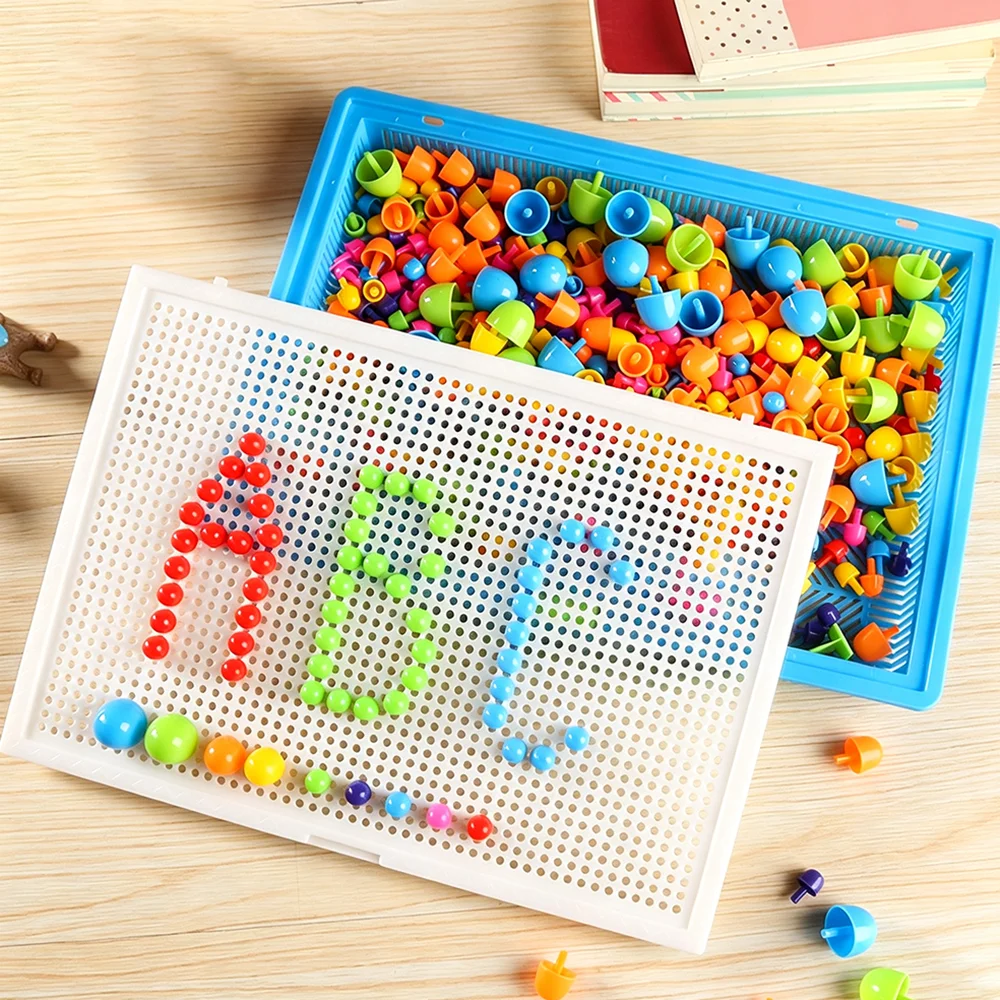 296 Pieces/Set Box-Packed Grain Mushroom Nail Beads Intelligent 3D Puzzle Games Jigsaw Board for Children Kids Educational Toys
