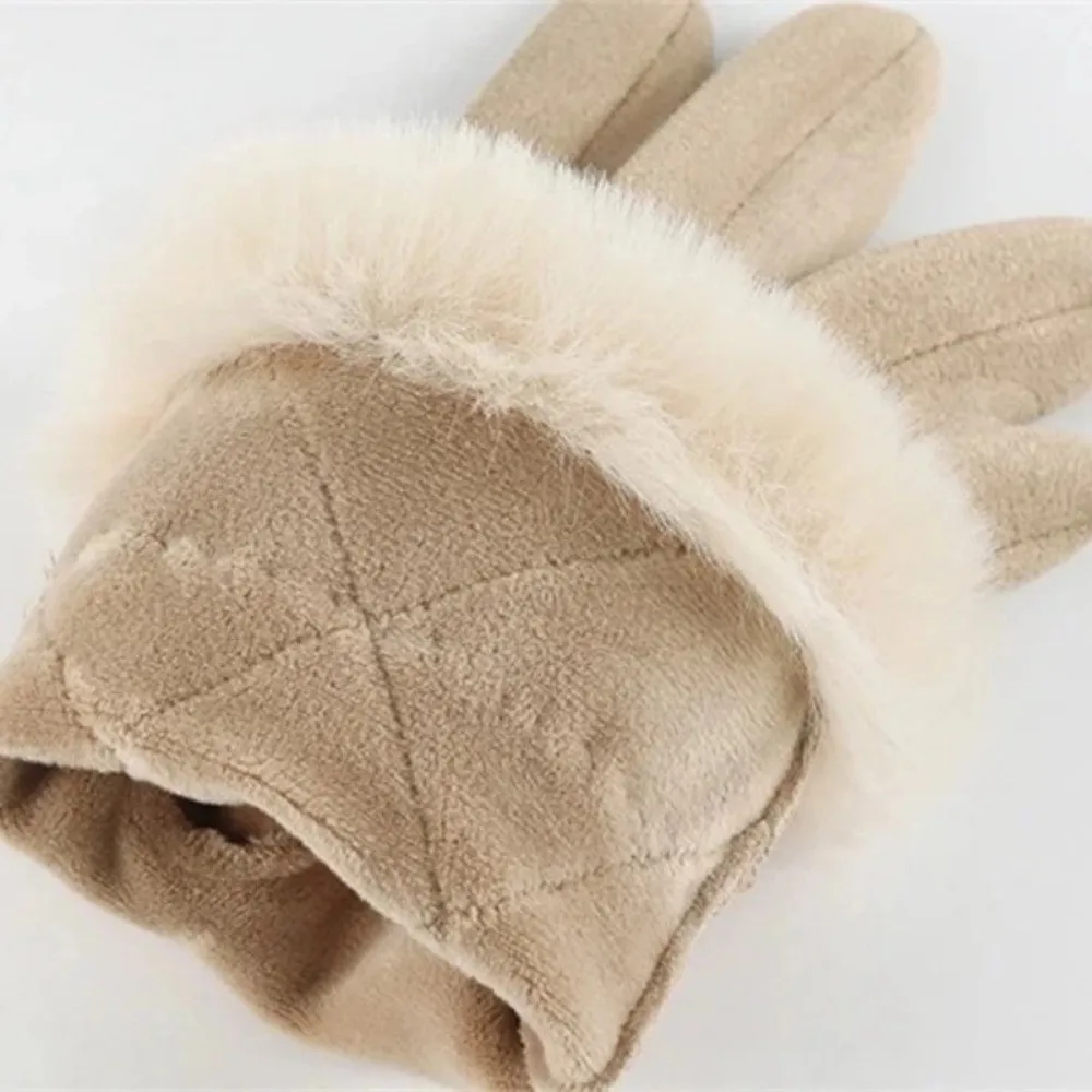 Elegant Winter Touch Screen Gloves Plaid Suede Fleece-lined Gloves Soft Windproof Cycling Mittens Keep Warm