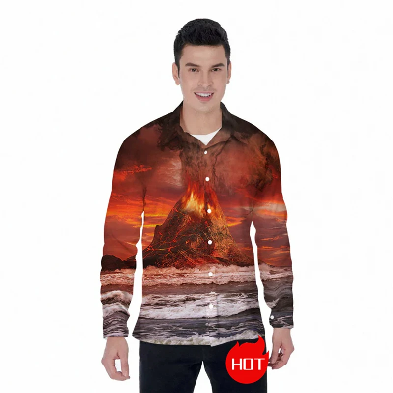 

Vesuvian Erupt Graphic Long Sleeve Shirts For Men Clothes Casual Male Lapel Blouse Volcano 3D Printed Shirt Unisex Button Tops