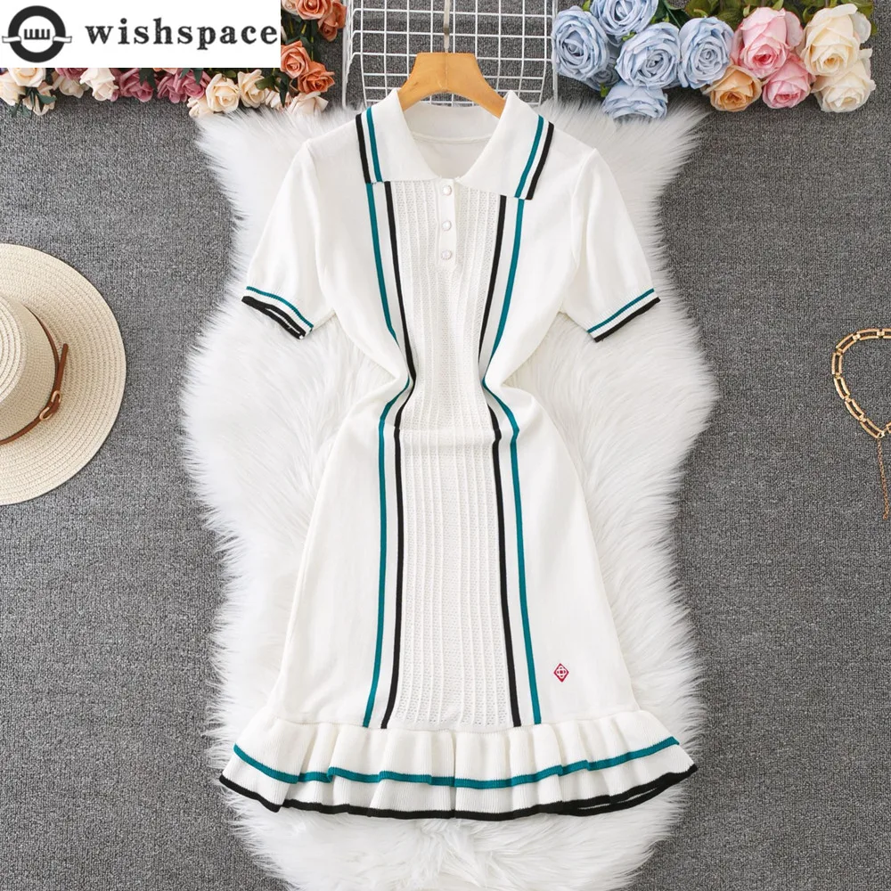 

Trendy New Spring and Summer Striped Lapel Knitted Dress Short Sleeved Single Breasted Elegant Women's Dress