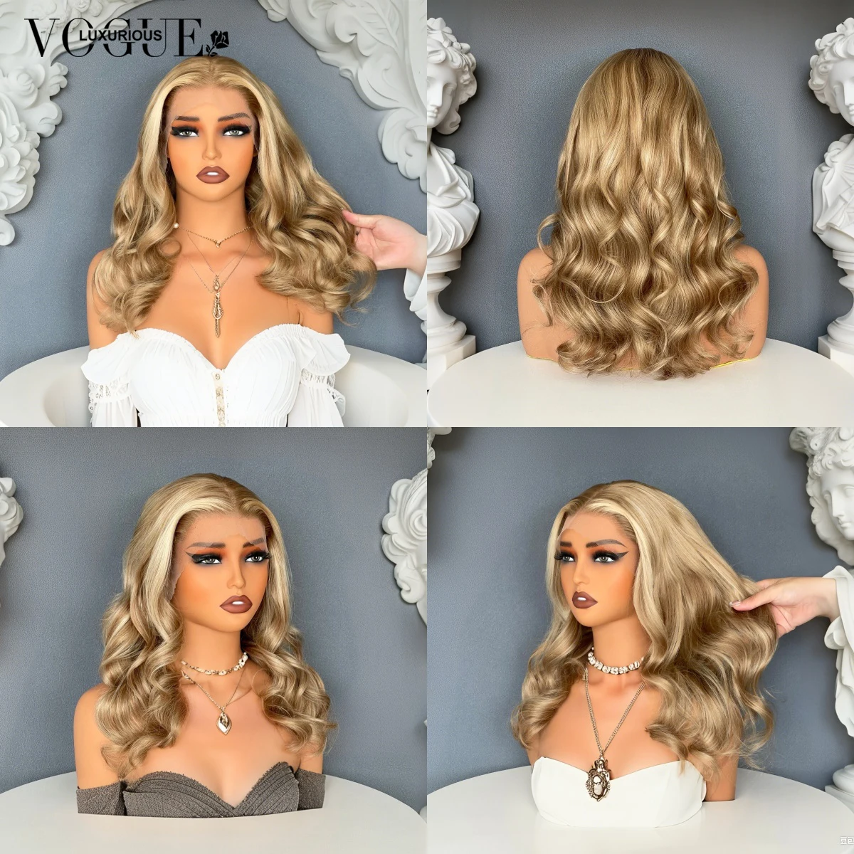 LUX VOGUE تسليط الضوء على ضباب الذهب Balayage اللون Beachy موجات 100% عذراء شعر مستعار 190% الكثافة 13x6 ترقية عارية اللون الدانتيل الباروكات