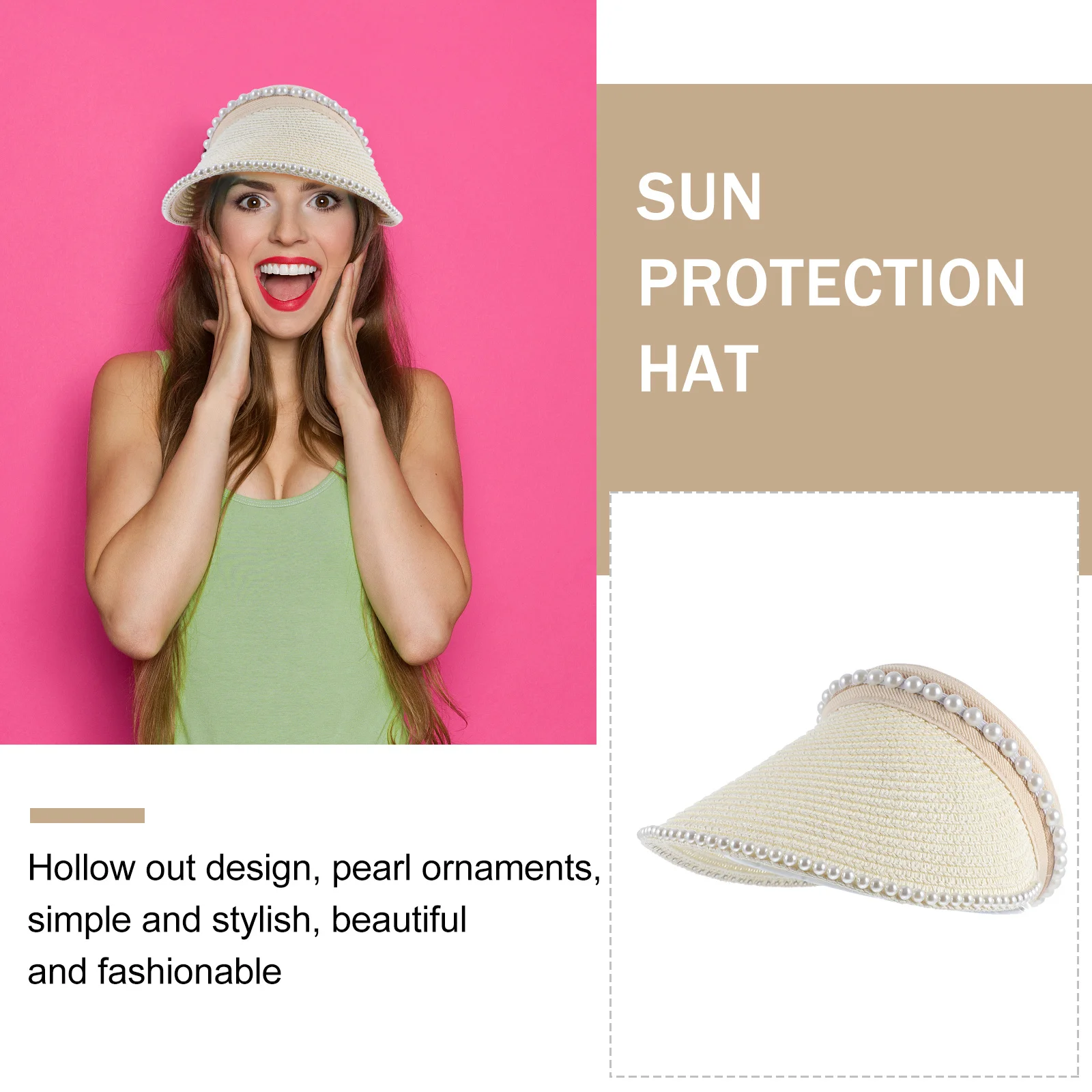 

1pcs Women Sun Hat Wide Brim Pearl Decor Hollow Out Design Breathable Lightweight Sun Protection Hat For Outdoor Travel Beach