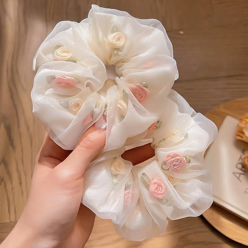 Women Double Layer Organza Scrunchies Summer Romantic Rose Flower Hair Rope Elastic Hair Ropes Oversized Hair Accessories