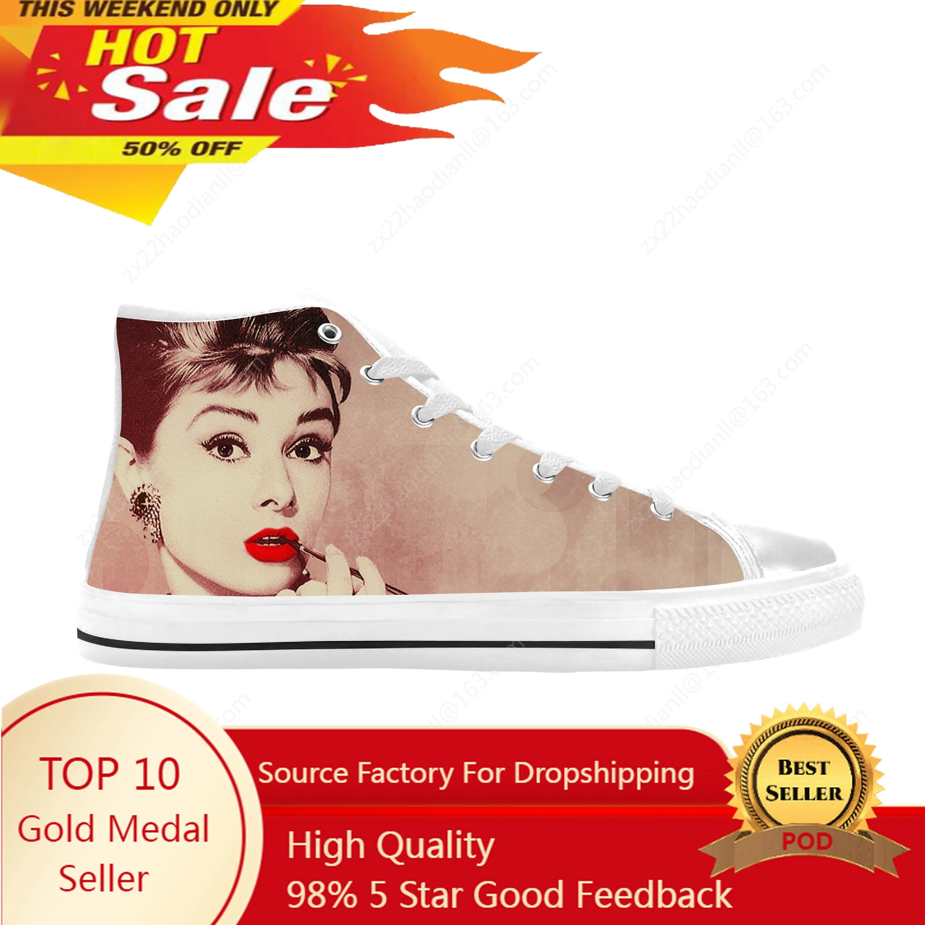 Hot Audrey Hepburn Movie Star Actor Cute Fashion Casual Cloth Shoes High Top Comfortable Breathable 3D Print Men Women Sneakers