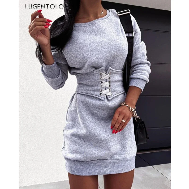 Women Sexy Dress Slim Strappy Waist Bandage Long Sleeve Spring Ladies Casual Solid Round Neck Mini Cloth