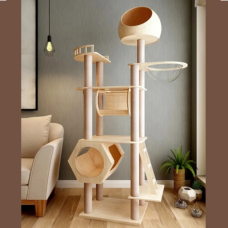 Cat Climbing Frame Tower Solid Wood Large Space Capsule Integrated Jumping Platform Cat Scratching Pole Artificial Cat Trees