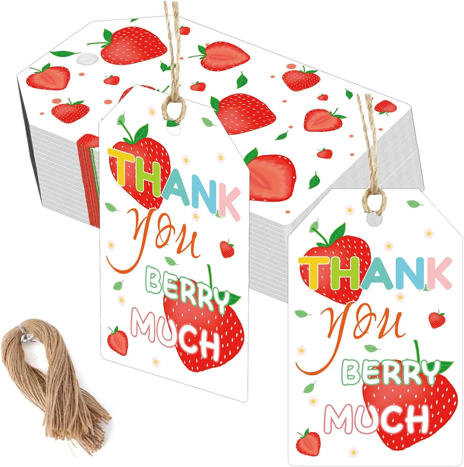 Generic Strawberry Thank You Berry Much Tag with String 2.2 * 3.5 inch Sweet Strawberry Themed Birthday Presents Tags Card 50Pcs