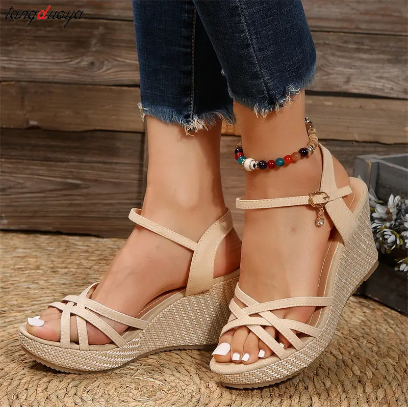 Ankle Buckle Wedge Sandals for Women Summer 2024 Platform Open Toe Sandals Woman Thick Sole Roman Gladiator Sandalias Mujer