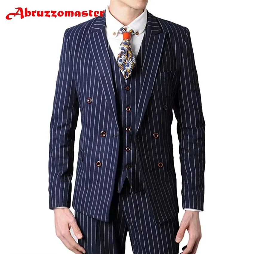 

Abruzzomaster Grey Striped Man Suit Striped Fabrics jacket for Wedding Suits Custom Made Business Suit 3 Pieces Groom Tuxedos